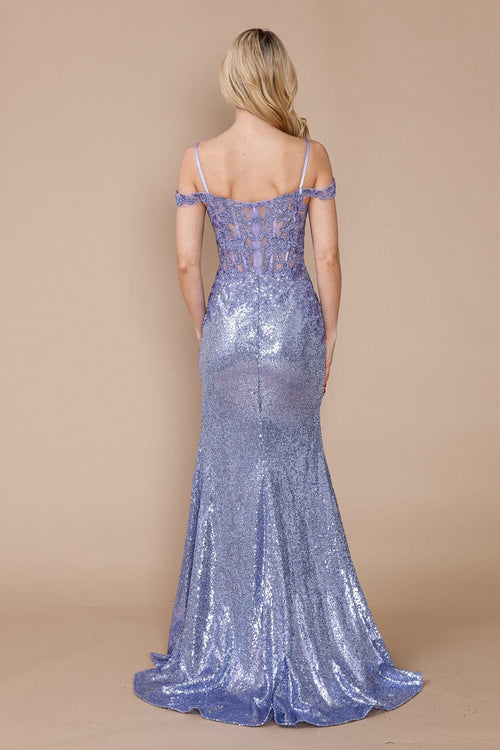 Poly USA 9398 Applique Cold Shoulder Sequin Slit Gown