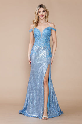 Poly USA 9398 Applique Cold Shoulder Sequin Slit Gown