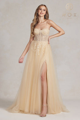 Nox Anabel J1089 Sweetheart Applique A-Line Long Corset Evening Gown with Slit