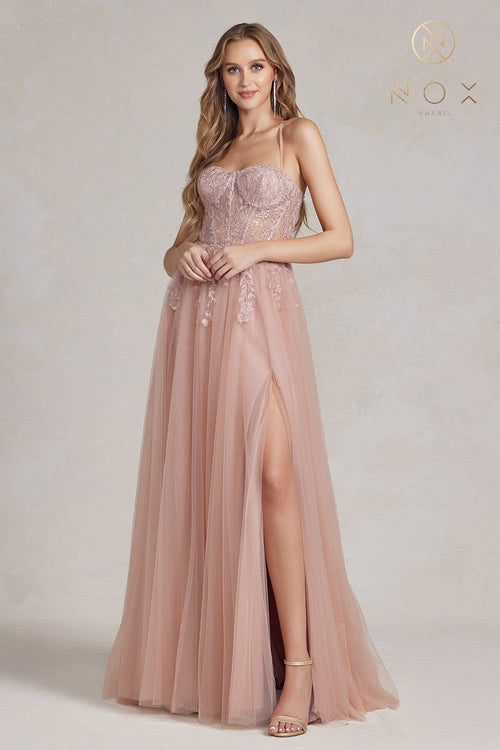 Nox Anabel J1089 Sweetheart Applique A-Line Long Corset Evening Gown with Slit