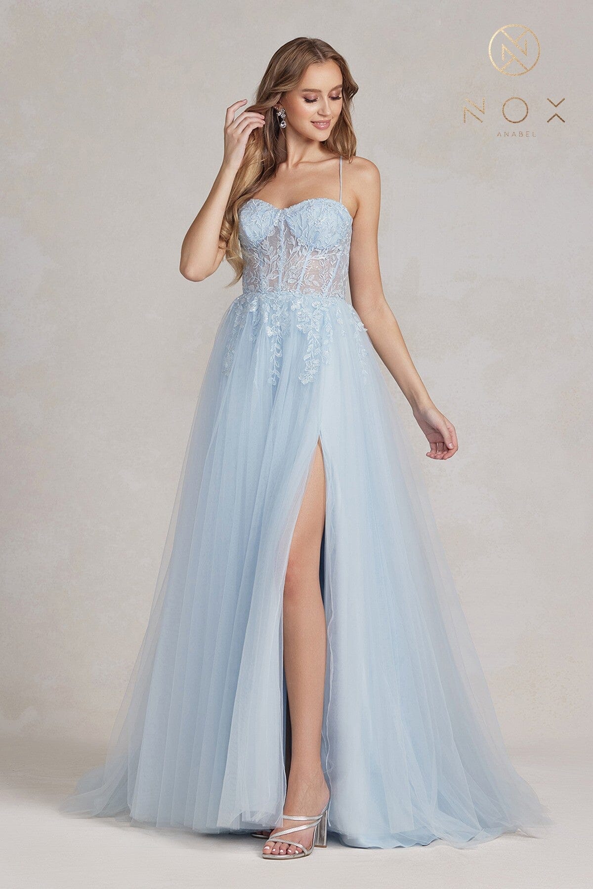 Nox Anabel J1089 Sweetheart Applique A-Line Long Corset Evening Gown with Slit