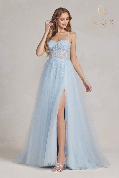 Nox Anabel J1089 Sweetheart Applique A-Line Long Corset Evening Gown with Slit