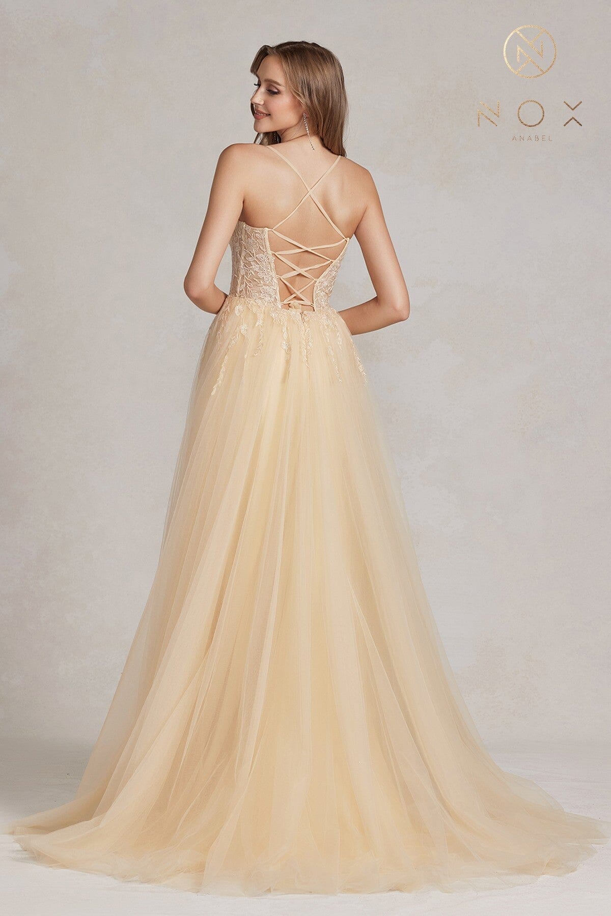 Nox Anabel J1089 Sweetheart Applique A-Line Long Corset Evening Gown with Slit