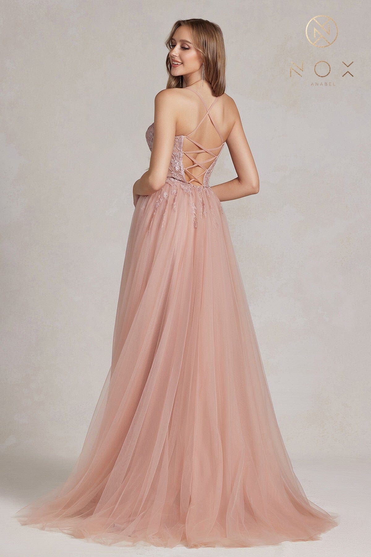 Nox Anabel J1089 Sweetheart Applique A-Line Long Corset Evening Gown with Slit