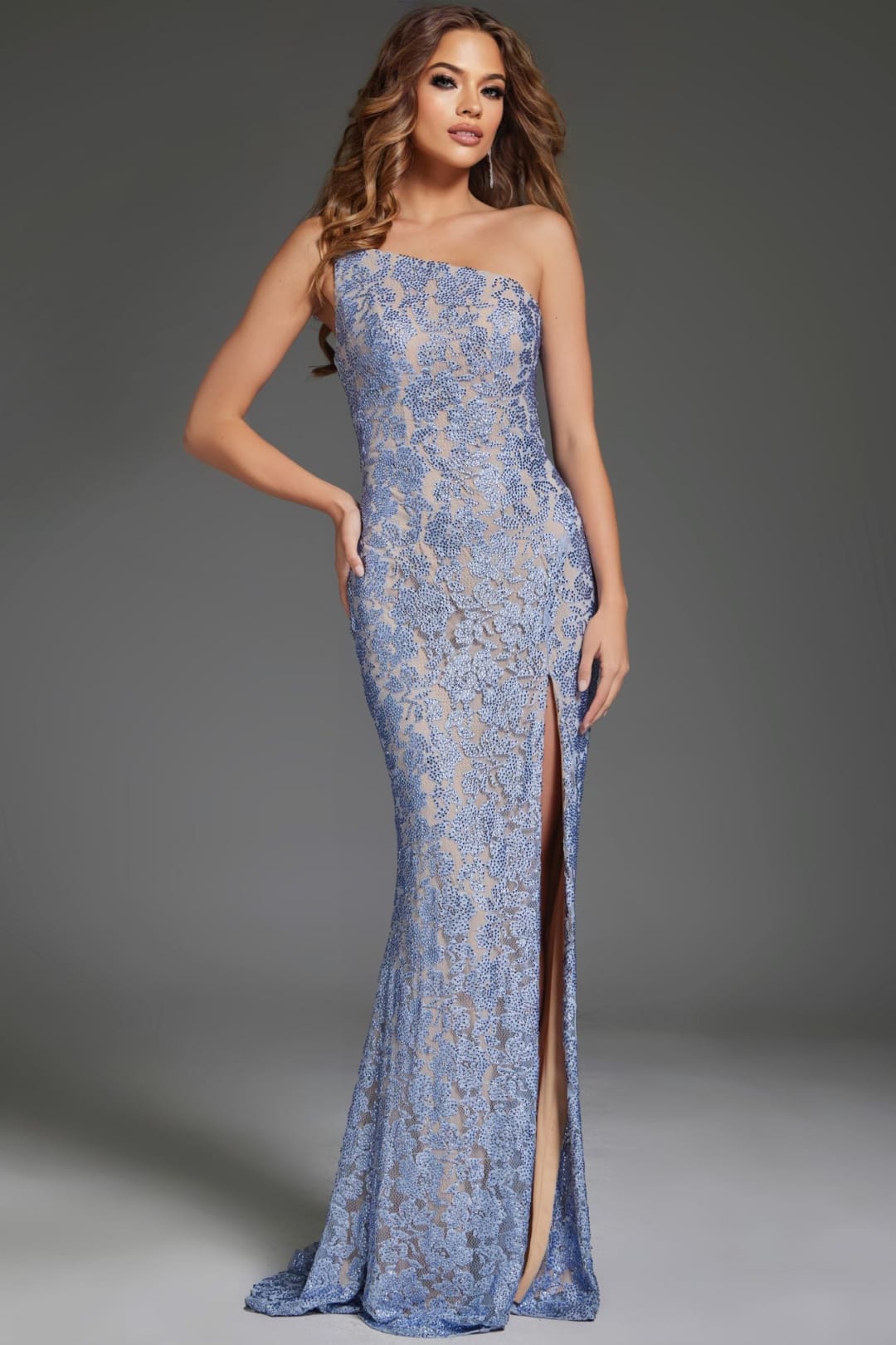 Applique Fitted One Shoulder Slit Gown by Jovani 43753 - Long Formal Dresses