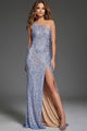 Applique Fitted One Shoulder Slit Gown by Jovani 43753 - 00 / Blue/Nude - Long Formal Dresses
