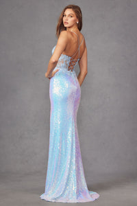 Applique Fitted Sleeveless Sequin Slit Gown by Juliet JT2433A - Long Formal Dresses