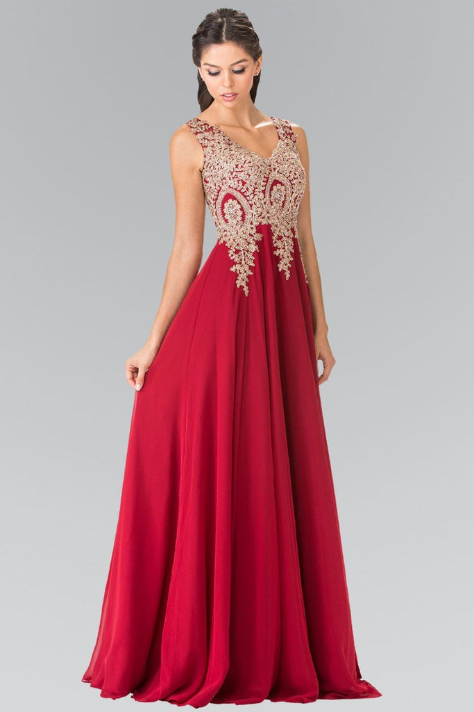 Long V-Neck Dress with Lace Appliques by Elizabeth K GL2311-Long Formal Dresses-ABC Fashion