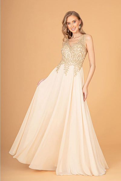 Applique Long V-Neck Dress by Elizabeth K GL2311 - XS / Champagne - Long Formal Dresses