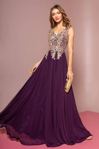 Long V-Neck Dress with Lace Appliques by Elizabeth K GL2311-Long Formal Dresses-ABC Fashion