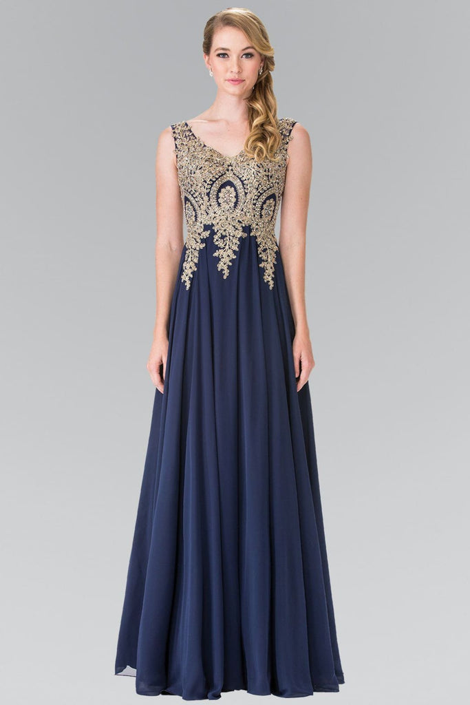 Long V-Neck Dress with Lace Appliques by Elizabeth K GL2311-Long Formal Dresses-ABC Fashion