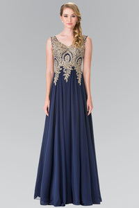 Long V-Neck Dress with Lace Appliques by Elizabeth K GL2311-Long Formal Dresses-ABC Fashion