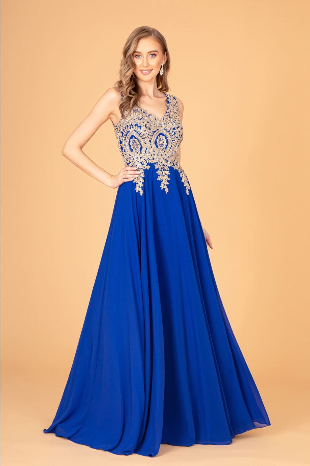 Applique Long V-Neck Dress by Elizabeth K GL2311 - XS / Royal Blue - Long Formal Dresses