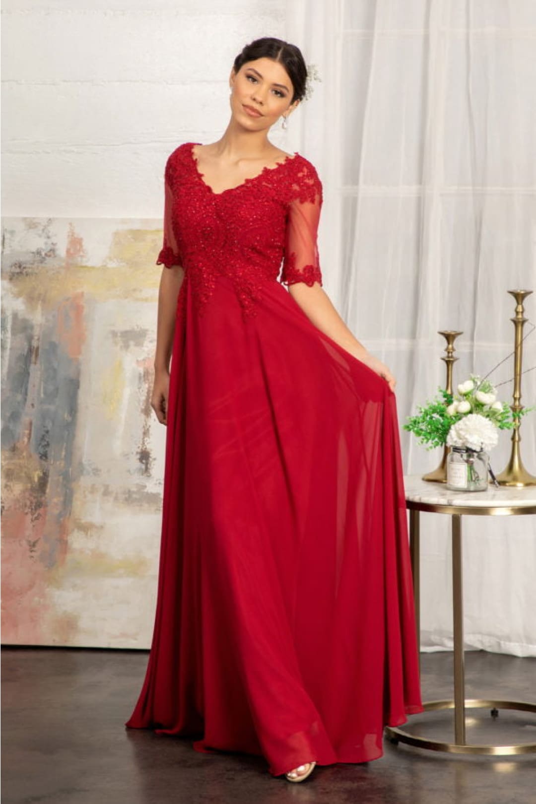 Applique Mid-Sleeve Chiffon Gown by Elizabeth K GL1982 - Long Formal Dresses