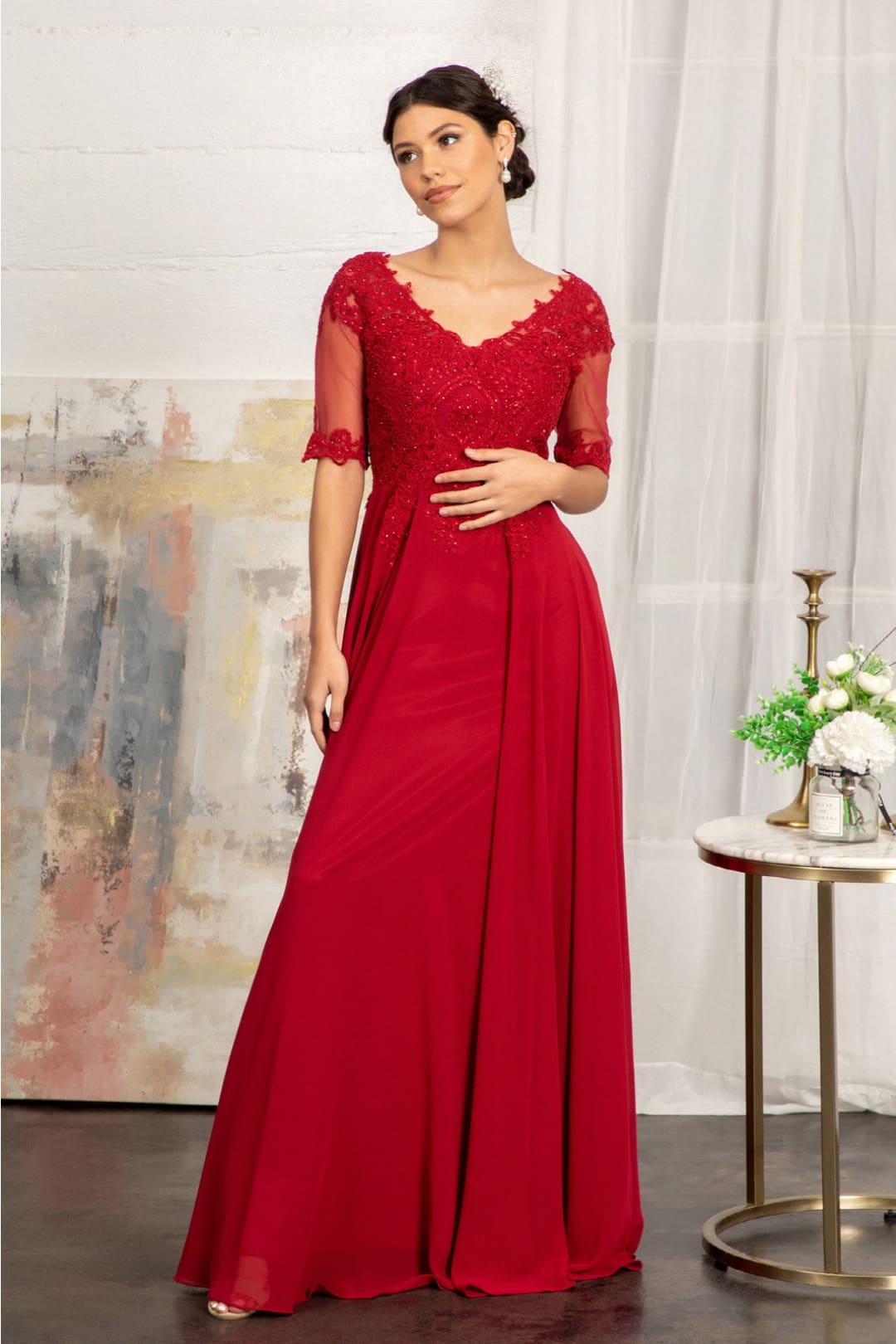 Applique Mid-Sleeve Chiffon Gown by Elizabeth K GL1982 - S / Burgundy - Long Formal Dresses