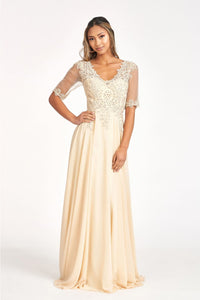 Applique Mid-Sleeve Chiffon Gown by Elizabeth K GL1982 - S / Champagne - Long Formal Dresses