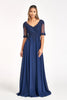 Applique Mid-Sleeve Chiffon Gown by Elizabeth K GL1982 - S / Navy - Long Formal Dresses