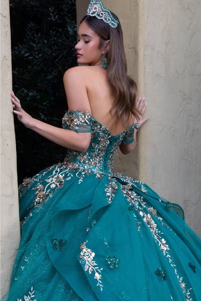 emerald green with gold quince dress Ball Gown Organza Off-the-Shoulder Dark Green Quinceanera Dress Dark Green / 00