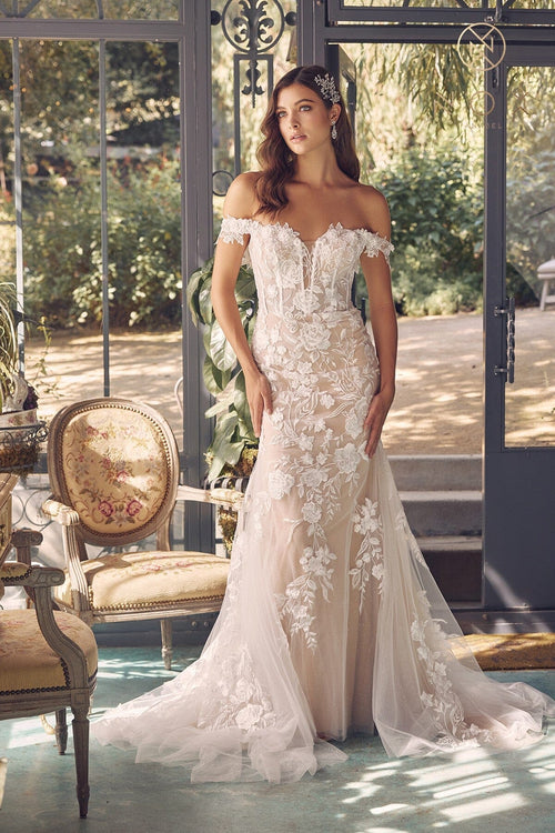 Nox Anabel JE974 Off the Shoulder Floral Applique Mermaid Long Corset Wedding Dress with Train