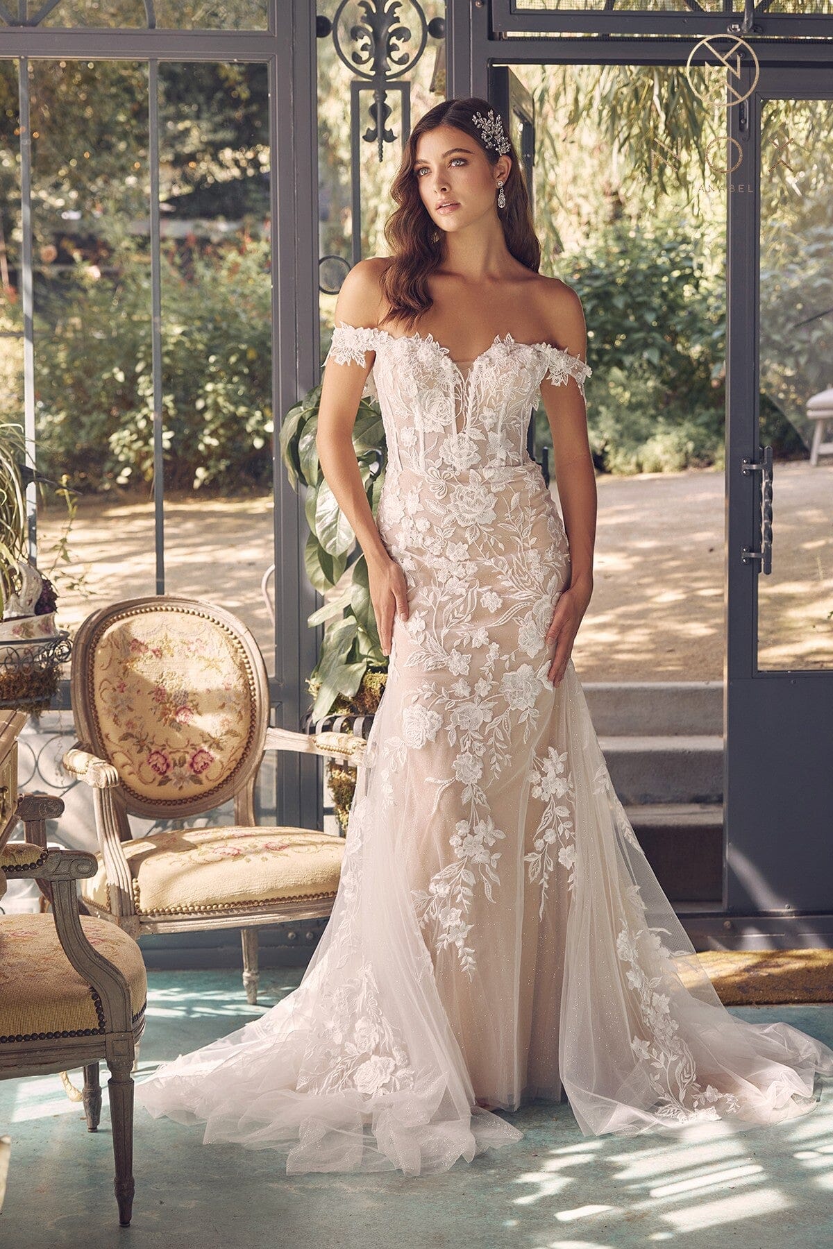 Nox Anabel JE974 Off the Shoulder Floral Applique Mermaid Long Corset Wedding Dress with Train