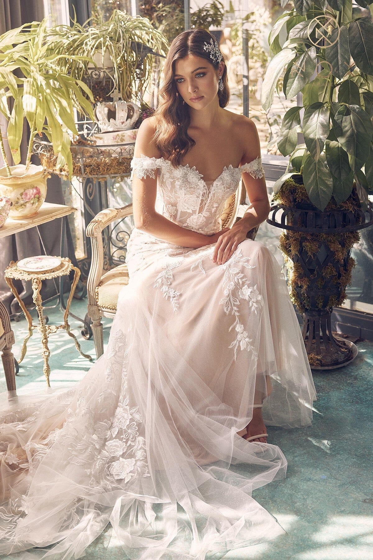 Nox Anabel JE974 Off the Shoulder Floral Applique Mermaid Long Corset Wedding Dress with Train