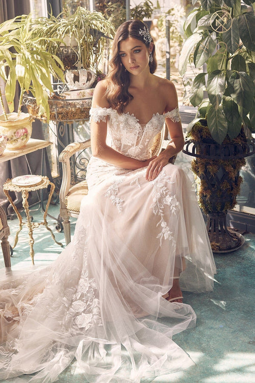 Nox Anabel JE974 Off the Shoulder Floral Applique Mermaid Long Corset Wedding Dress with Train