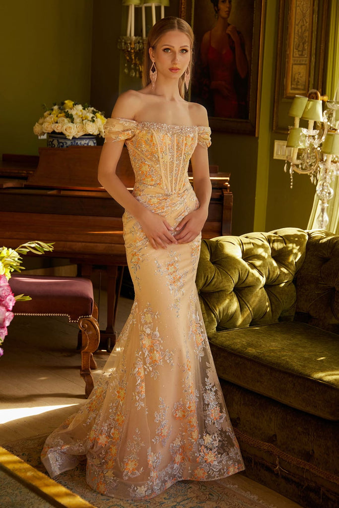 Applique Off Shoulder Gown by GLS Gloria GL3592 - XS / Champagne - Long Formal Dresses