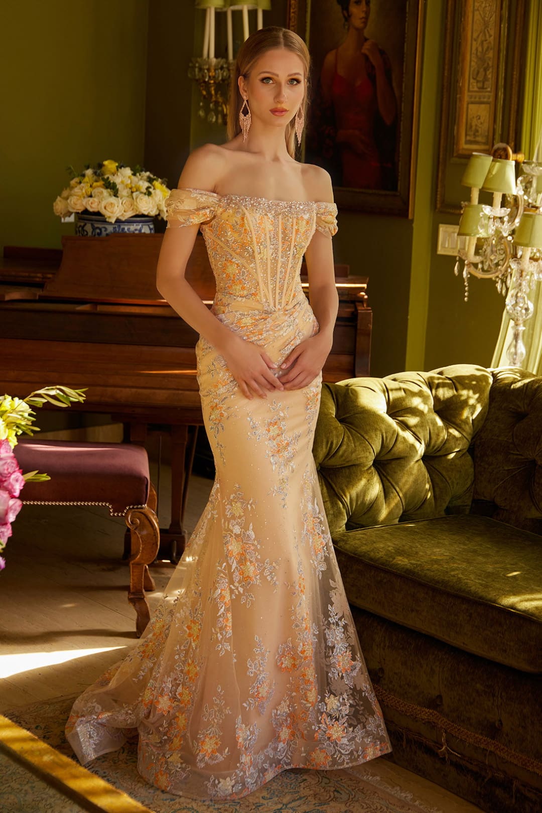 Applique Off Shoulder Gown by GLS Gloria GL3592 - XS / Champagne - Long Formal Dresses