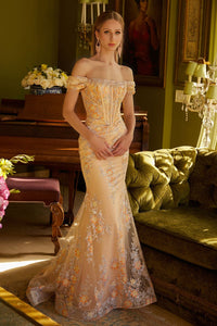 Applique Off Shoulder Gown by GLS Gloria GL3592 - XS / Champagne - Long Formal Dresses
