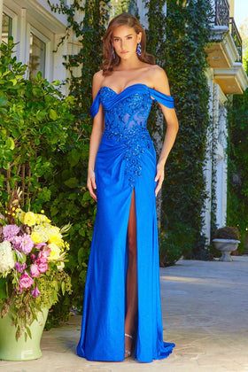 Off Shoulder Slit Gown by Elizabeth KGL3540