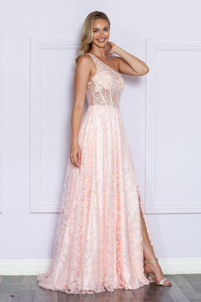 Poly USA 9372 Applique One Shoulder Corset Slit Gown