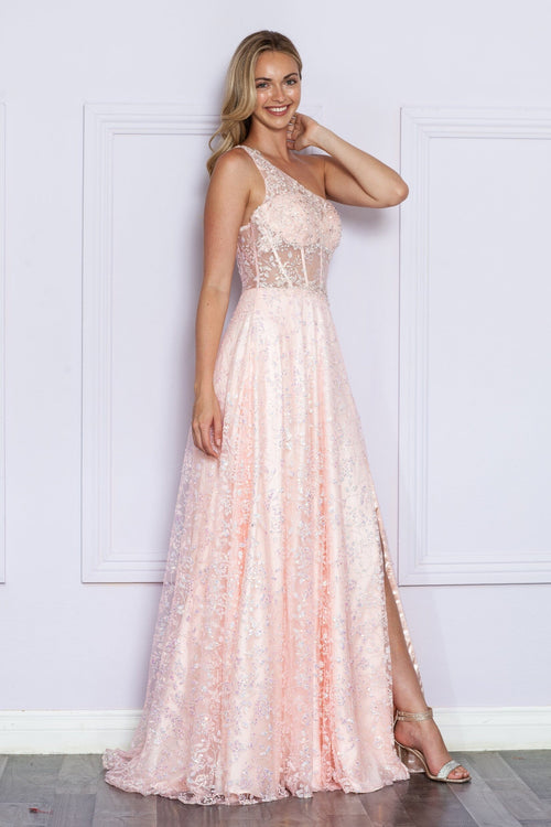 Poly USA 9372 Applique One Shoulder Corset Slit Gown