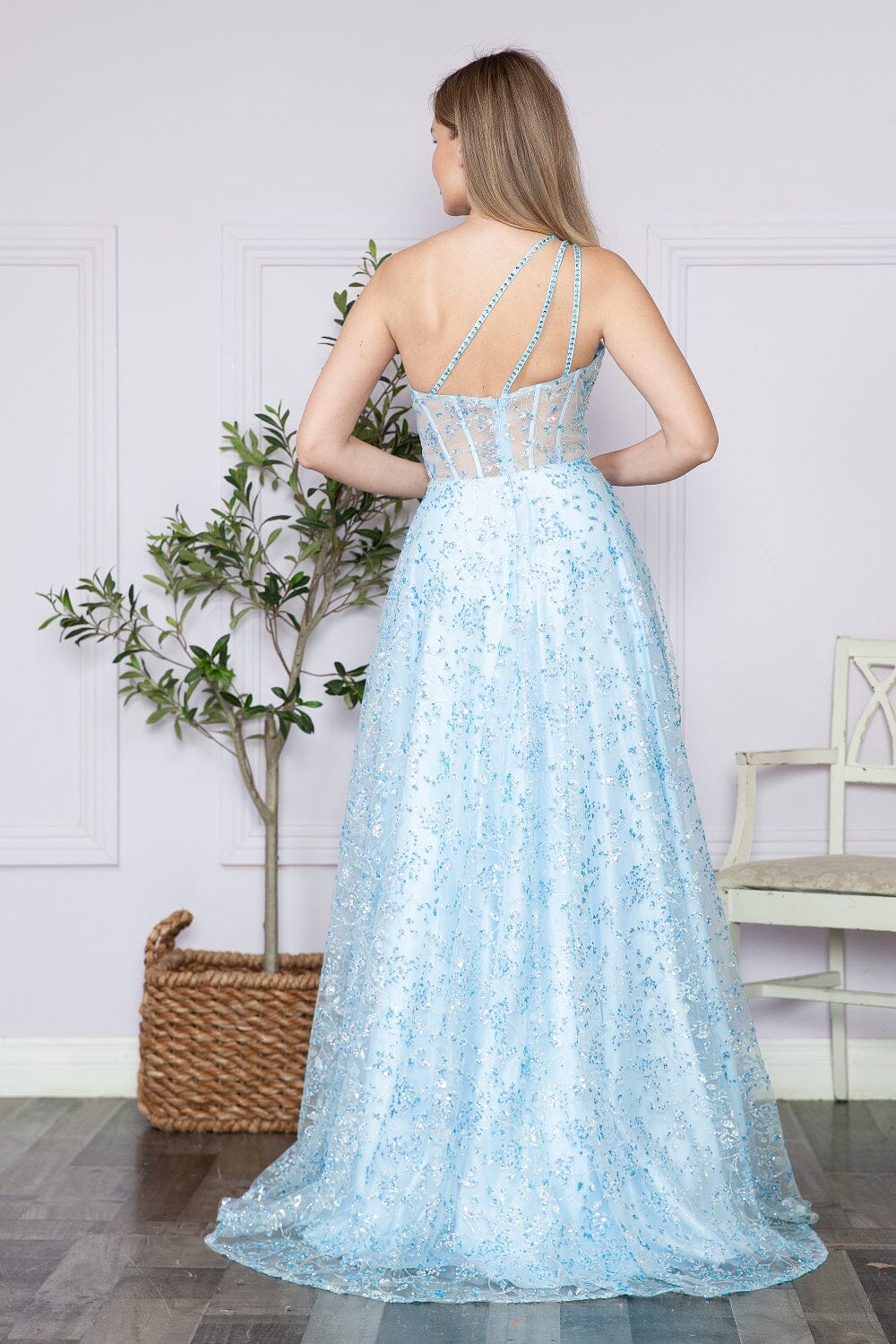 Vestido con abertura y corsé de un solo hombro con apliques de Poly USA 9372