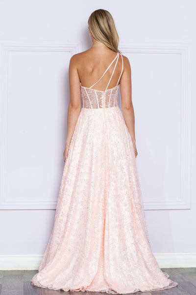 Poly USA 9372 Applique One Shoulder Corset Slit Gown