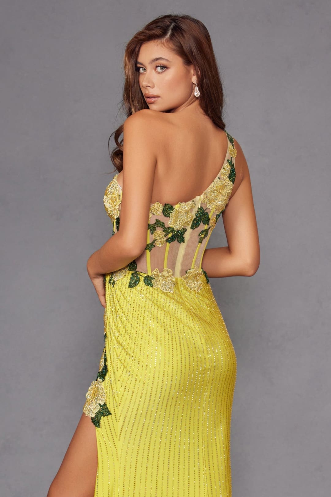 Applique One Shoulder Slit Gown by Juliet JT2514R - Long Formal Dresses