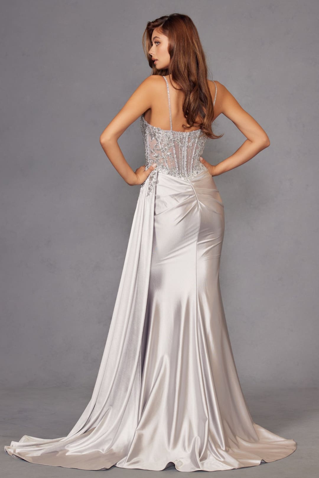 Applique Satin Sleeveless Slit Gown by Juliet JT2535K - Long Formal Dresses