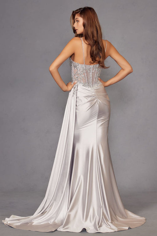 Applique Satin Sleeveless Slit Gown by Juliet JT2535K - Long Formal Dresses