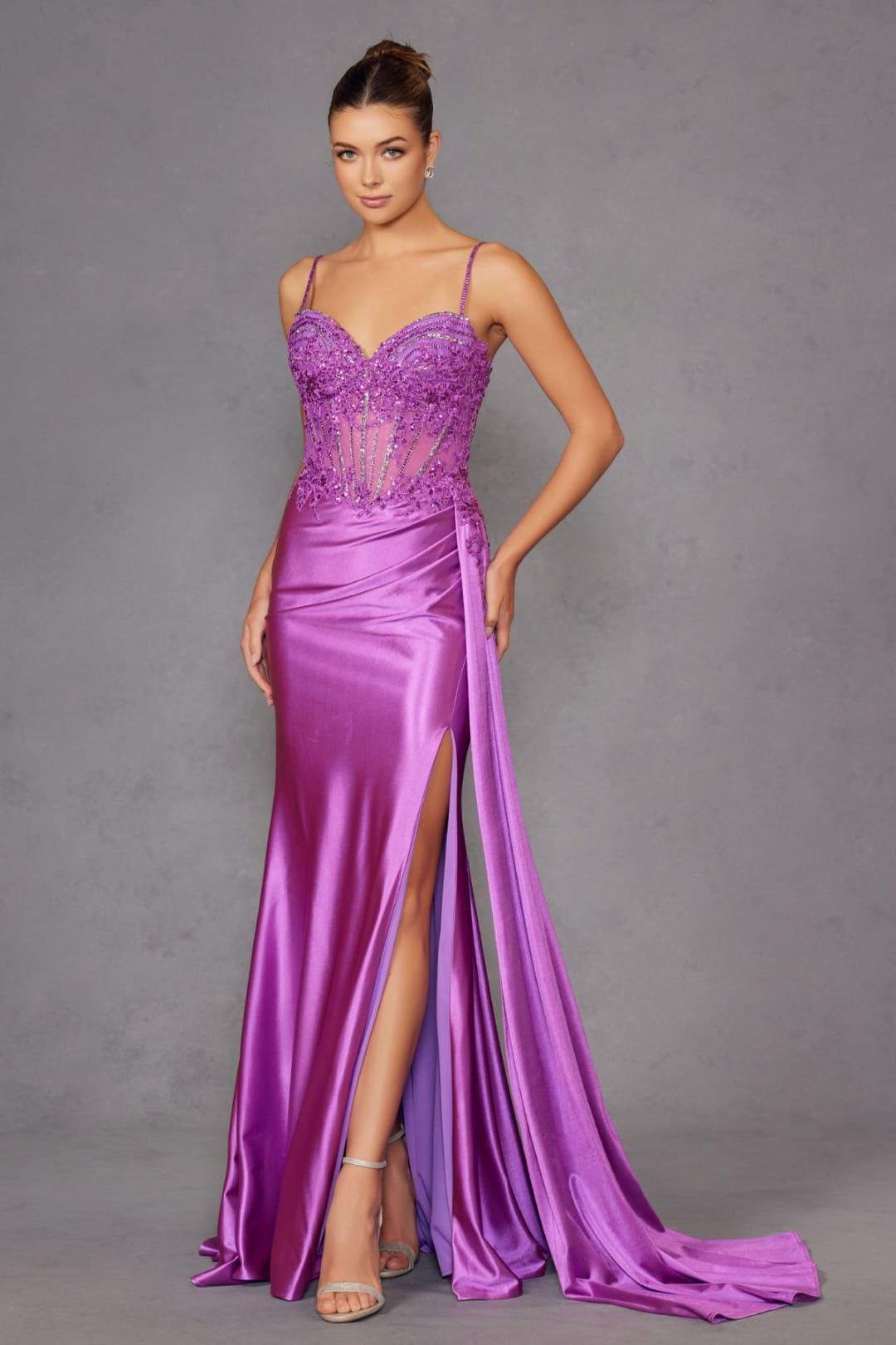 Applique Satin Sleeveless Slit Gown by Juliet JT2535K - Long Formal Dresses