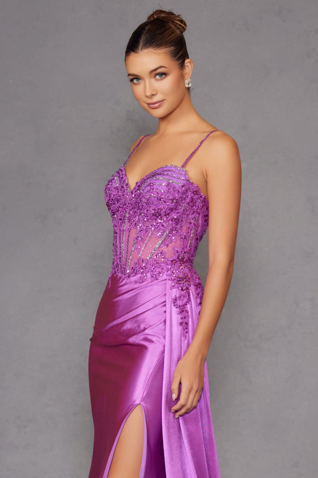 Applique Satin Sleeveless Slit Gown by Juliet JT2535K - Long Formal Dresses