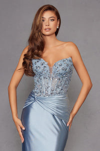 Applique Satin Strapless Gown by Juliet JT2534K - Long Formal Dresses