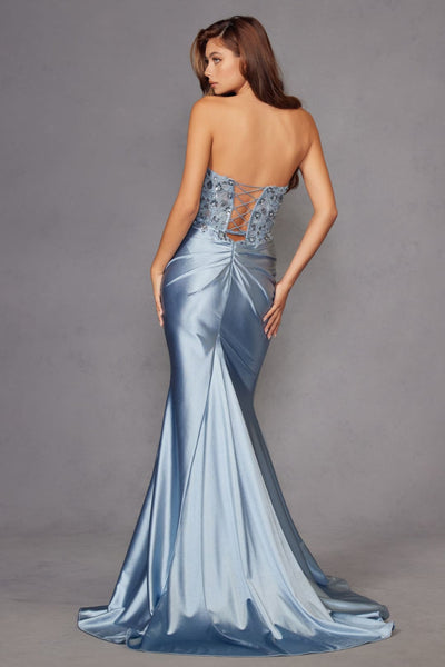 Applique Satin Strapless Gown by Juliet JT2534K - Long Formal Dresses