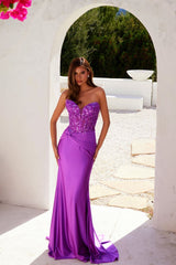 Applique Satin Strapless Gown by Juliet JT2534K - Magenta / 2 - Long Formal Dresses