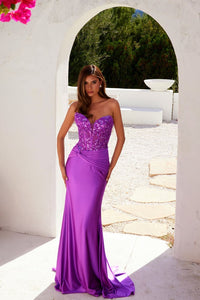 Applique Satin Strapless Gown by Juliet JT2534K - Magenta / 2 - Long Formal Dresses