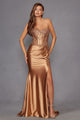 Applique Satin Strapless Slit Gown by Juliet JT2536K - Long Formal Dresses