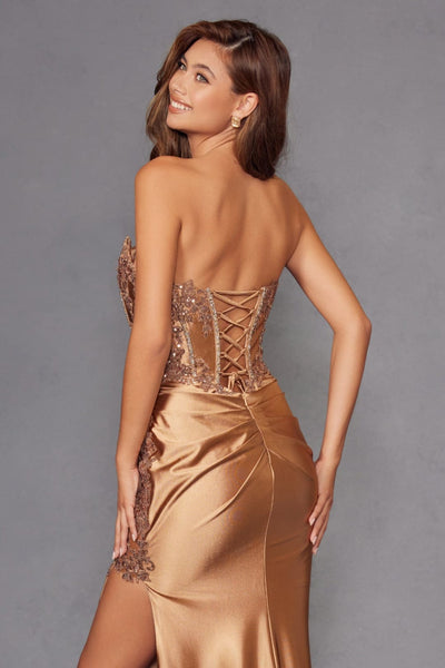 Applique Satin Strapless Slit Gown by Juliet JT2536K - Long Formal Dresses