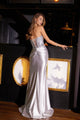 Applique Satin Strapless Slit Gown by Juliet JT2536K - Long Formal Dresses