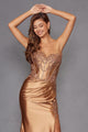 Applique Satin Strapless Slit Gown by Juliet JT2536K - Long Formal Dresses