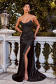 Applique Satin Strapless Slit Gown by Ladivine CC475 - Black / Long Formal Dresses
