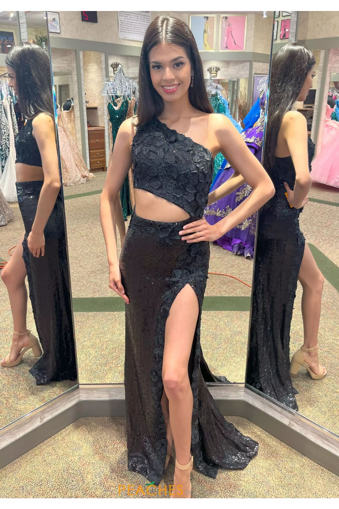 Applique Sequin One Shoulder Slit Gown by Jovani 23789 - 00 / Black - Long Formal Dresses