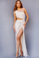 Applique Sequin One Shoulder Slit Gown by Jovani 23789 - 00 / Cream - Long Formal Dresses